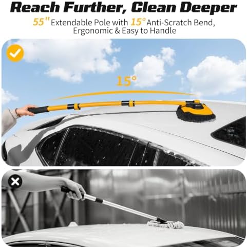 15° Curved Car Wash Brush with Long Handle, Car Wash Mop Kit