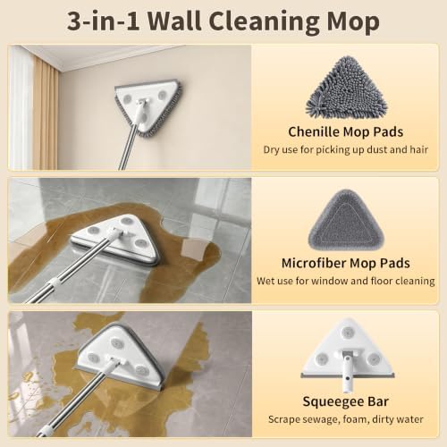 Wall Cleaner Mop with Long Handle, Baseboard Cleaner Tool with Extension Pole & Squeegee, 3-in-1 Ceiling Cleaning Tool Duster with 3 Microfiber and 3 Chenille Pads for Washing Window, Floor, Cabinet