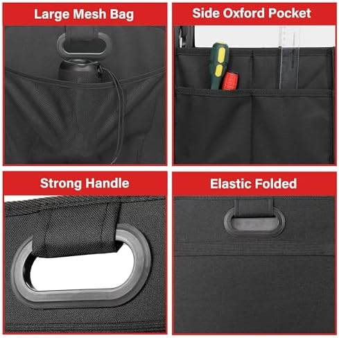 Car Trunk Organizer, 2 Compartments Collapsible Trunk Storage, Anti-slip Design, Made of Waterproof 600D Oxford Polyester, Suitable for SUV, Minivan, Truck, Standard Size, Black