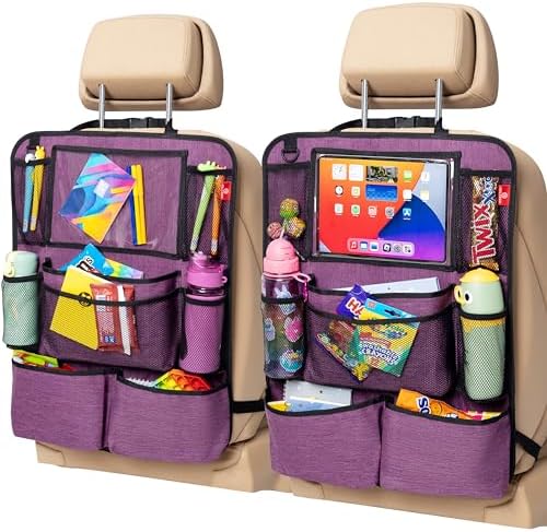 Backseat Car Organizer, Kick Mats Back Seat Protector with Touch Screen Tablet Holder, Back Seat Organizer for Kids with 9 Storage Pockets (2 Pack, Violet)