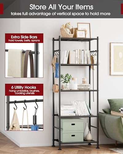 5-Tier Storage Shelves with Hooks, 18.1" x 12.4" x 56.8", Black