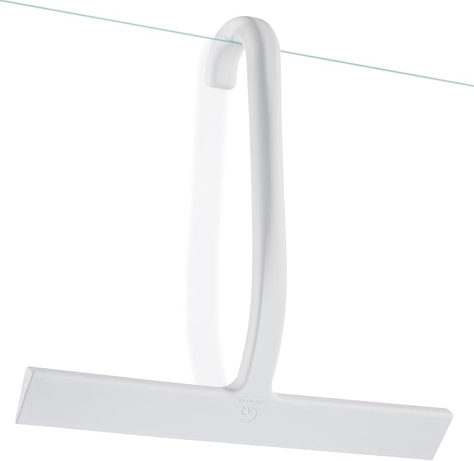 GÜTEWERK Shower Squeegee for Glass Doors – Bathroom Squeegee for Shower Glass & Tile Walls, Streak-Free & No-Squeak Silicone Blade, Stainless Steel Core, Hang Hook + Suction Cup, White, 10 Inch