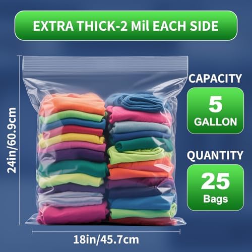 25PACK 5 Gallon Large Zipper Bags for Storage 18" x 24" Storage Bags