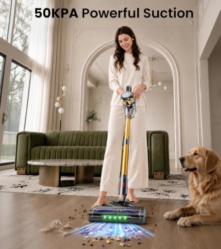 Cordless Vacuum Cleaner, 600W 50Kpa 65Mins Vacuum Cleaners for Home, Self-Standing Stick Vacuum Cordless with LED Display, Anti-Tangle, Lightweight Vacuum for Hardwood Floors, Carpet, Pet Hair