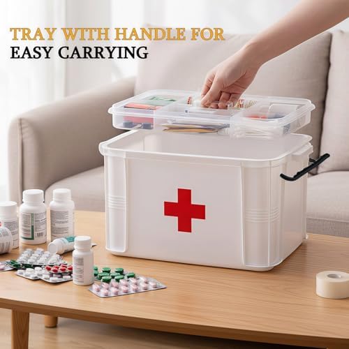 15QT Clear Medicine Organizer Box with Handle, Plastic Medicine Container with Tray First Aid Box Empty, Thickened Medicine Storage Organizer Multipurpose Medication Organizer Storage, White
