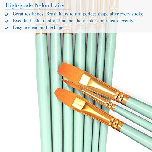 Paint Brushes Set, 10 Pack 100 Pcs Round Pointed Tip Paintbrushes Nylon Hair Artist Acrylic Paint Brushes for Acrylic Oil Watercolor, Face Nail Art, Miniature Detailing & Rock Painting, Green