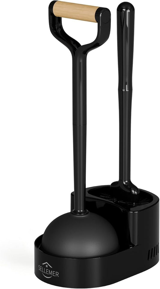 Sellemer Toilet Brush and Plunger Set, Curved Design Head for Deep Cleaning, Heavy Duty Toilet Bowl Brush and Plunger Combo with Holder for Bathroom Cleaning, Black, 1 Pack