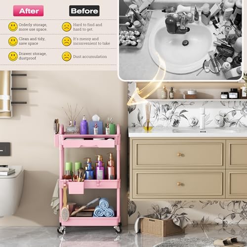 Rolling Makeup Organizer Cart with Removable Drawer, 3 Tier Pink