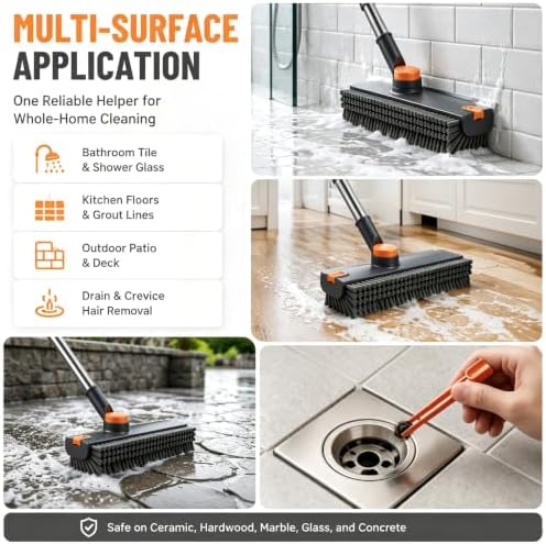 3-in-1 Floor Scrub Brush with Long Handle, Rotating Head Squeegee & Tweezer