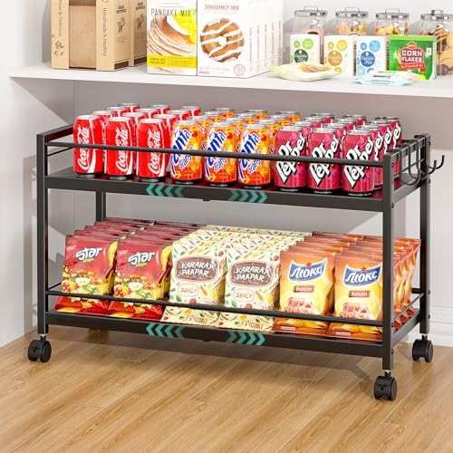 2-Tier Expandable Rolling Pantry Cart with Wheels, Adjustable Floor Organizer for Kitchen Pantry, Can Organizer for Pantry, Storage Cart for Snack, Food, Vegetables, Black, Patent Pending