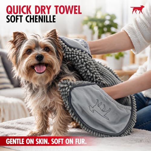 Quick Dry Towel for Dogs | Ultra Absorbent Microfiber Shammy | Extra Large 35x15 Size Dog Bath Towel | Comfortable Hand Pockets | Indoor Outdoor Use | Durable Material | Machine Washable