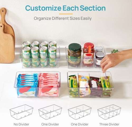 4 Pack Food Storage Organizer Bins, Clear Plastic, 4 Compartments
