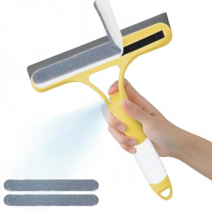 Pro 3 in 1 Window Cleaning Scraper, with 2 Replaceable Cleaning Cotton Strips 3 in 1 Spray Squeegee, Window Squeegee, Suitable for Cleaning Bathroom Glass, Mirrors, Car Windows (Yellow)
