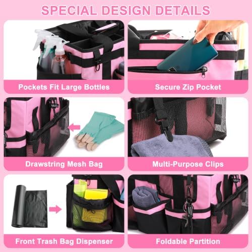 Large Wearable Cleaning Caddy Bag, Pink Tool Bag with Adjustable Shoulder Straps & Divider, 14 inch Cleaning Supplies Organizer for Housekeepers & Cleaners