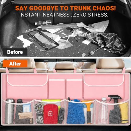 Car Trunk Organizer, Large Capacity Backseat Trunk Storage Organizer with 8 Pockets, Foldable SUV Cargo Organizer for SUV, Truck, Van & MPV, Black (Pink)