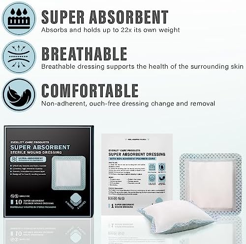 Super Absorbent Dressing for Wound Care | Nonstick Soft Surgical Gauze Pad for Heavily Exuding Wounds | Large Sterile Non-Adhesive Bandage for Fast Healing Wound Care | Pack of 10 (4" x 4")