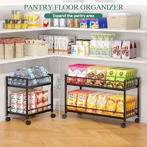 2-Tier Expandable Rolling Pantry Cart with Wheels, Adjustable Floor Organizer for Kitchen Pantry, Can Organizer for Pantry, Storage Cart for Snack, Food, Vegetables, Black, Patent Pending