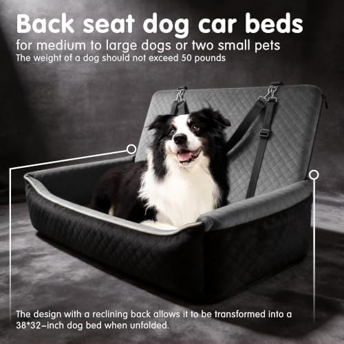 Luxury Large Dog Car Seat,Convertible to Portable Travel Dog Bed-Plush Velvet & High-Resilience Memory Foam,Universal Backseat & SUV Trunk Installation,Anti-Slip Safety Design for Medium-Large Dogs.
