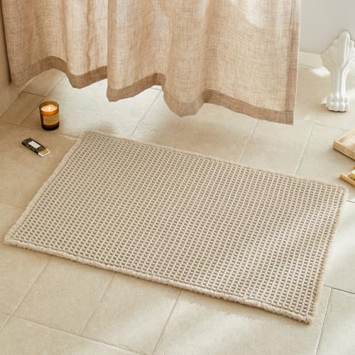 Waffle Bath Mat, Boho Bathroom Rugs Non Slip, 36x24 Pale Beige