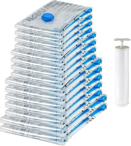 Vacuum Storage Bags for Clothes, Compression Space Saving Storage Bags with Hand Pump, Reusable, Heavy-Duty Seal Protection, Multiple Sizes, White, 15-Pack