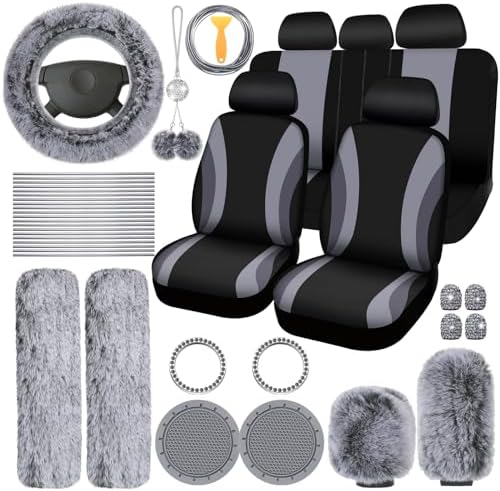 43 Pcs Fuzzy Car Seat Cover Full Set Gray, Black