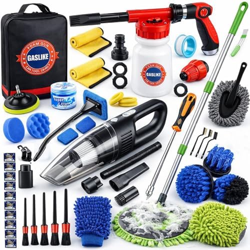 63PCS Car Wash Cleaning Kit,Car Wash Brush with Long Handle,Car Detailing Kit with Foam Gun,Car Cleaning Supplies,Handheld Vacuum, Car Detailing Kit (63PCS)