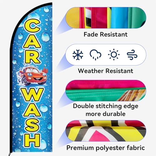 Double Sided Car Wash Feather Flag with Pole Kit, 8FT Outdoor Car Wash Advertising Flag Set with Durable Polyester, High Visibility Sign for Auto Wash, Detailing Shop, Roadside Promotion