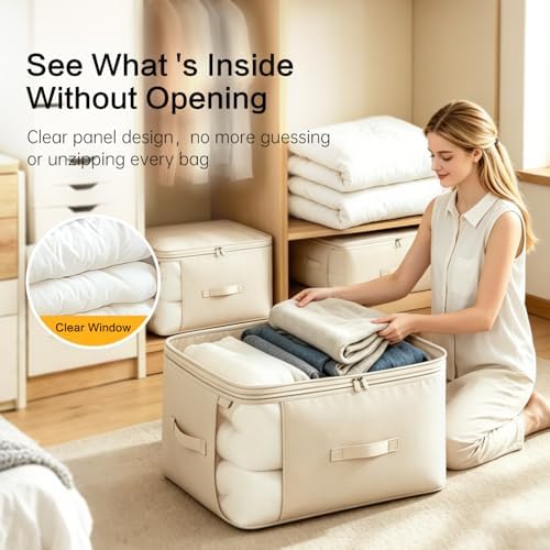 Comforter Storage Bag, Large Capacity Blanket Storage Bags 2-Layer Ultra Space Saving Self Compression Organizer, Heavy Duty Space Saver Organizer for Bedding, Clothes, Blanket, 2-Pack, Beige