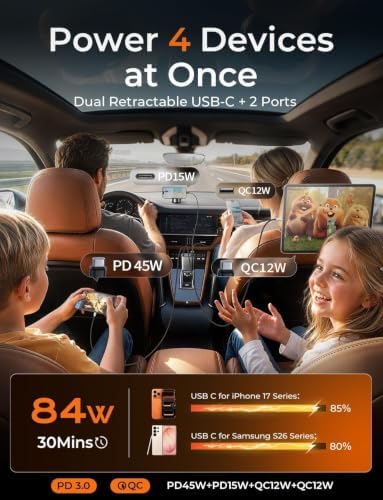 Retractable Car Charger USB C Fast Charge for iPhone 18 17 Pro Max