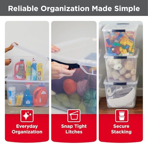 Cleverstore Clear 32 Qt, 6 Pack Stackable Plastic Storage Bins with Lids, Great for Closet and Laundry Storage, Organizing in the Home