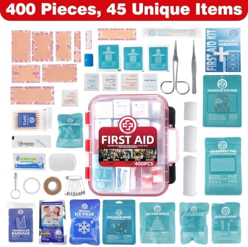 400 Piece First Aid Kit, Organized Dual-Layer Wall-Mountable Hard Case