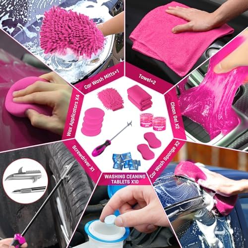 47PCS Car Detailing Kit Interior Cleaner, Car Cleaning Supplies with High Power Car Vacuum Cleaner,Auto Detailing Kit,Car Wash Kit with Bucket Detailing Brush Set,Pink Car Accessories for Women