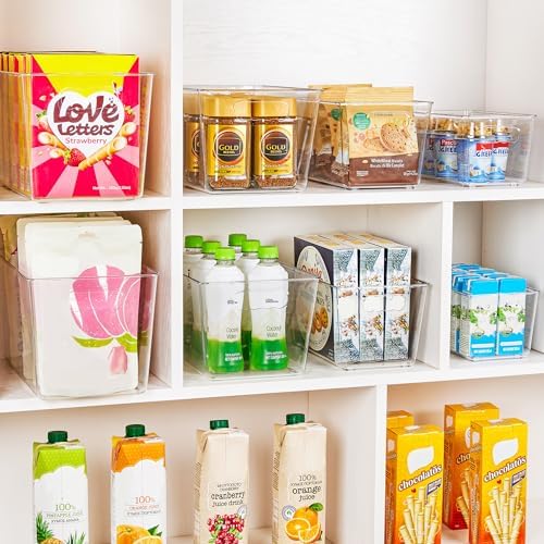 6 Pack Clear Storage Bins, Pantry Organizer Bins with Handle, Large