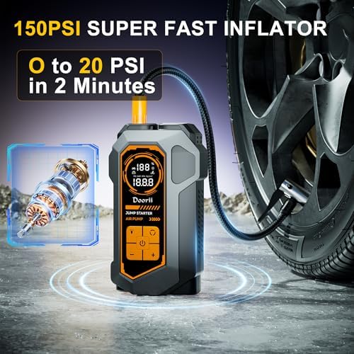 6000A Jump Starter with Air Compressor, 10-in-1 Car Jumper Starter Portable, 150PSI Tire Inflator/Air Pump, LED Flashlight for Up to 10.0L Gas / 8.0L Diesel Engines