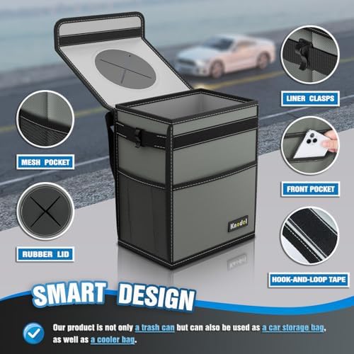 K KNODEL Car Trash Can with Lid, Car Garbage, Bin and Bag (Medium, Gray)