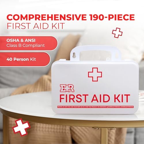Class B OSHA ANSI Compliant First Aid Kit – Emergency Medical Supplies in Wall-Mountable Plastic Case for Workplace, Office, Home – 190 Piece