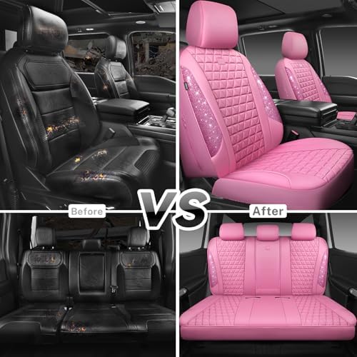 Bling Diamond Pink Leather Car Seat Covers Full Sets Interior Sets, Waterproof Shining Glitter Sparkly Crystal Universal Armrest Fit for Automotive Truck SUV Cute Women Girl, Pink Rhinestone