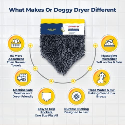 Doggy Dryer, Highly Absorbent Microfiber Washable Dog Shammy Quick Drying Towel Absorber - Extra Soft Plush Wrap Chenille Bath Towels to Dry Soggy Large Pets & Small Puppy-Grey 13"x31"