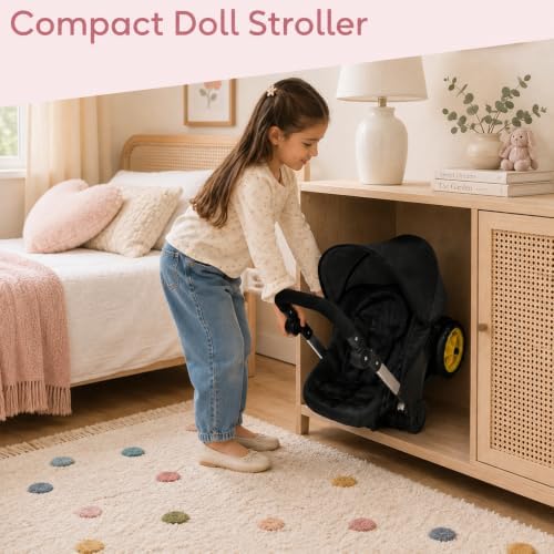 Baby Doll Car Seat Stroller Combo – Convertible 2 in 1 Doll Stroller and Car Seat for Kids – Fits Up to 20” Dolls – Play Toy Baby Stroller with Adjustable Handle for Girls (Black)