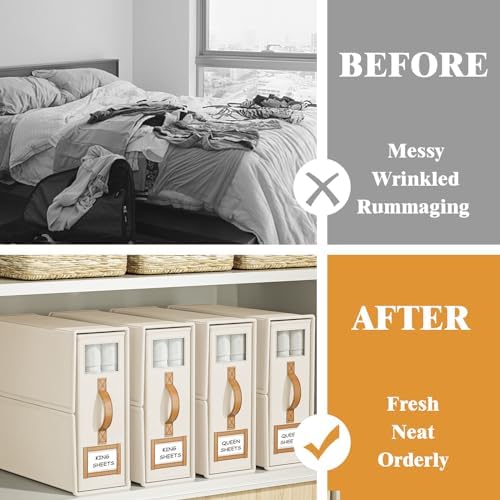4 Pack Foldable Bed Sheets Set Organizers and Storage(King & Queen Size),Linen Fabric Closet Organizers with Window,Folding Bedding Storage Box for Bedsheets and Pillow Cube Organizer-Beige