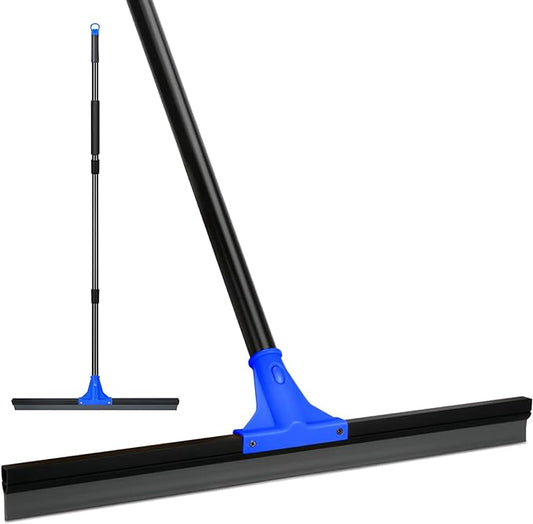 Floor Squeegee for Concrete and Tile Cleaning, 24'' Rubber Wiper Broom, Large Heavy Duty Water Scraper with 60'' Long Handle for Garage, Deck, Bathroom, Shower Glass, Window