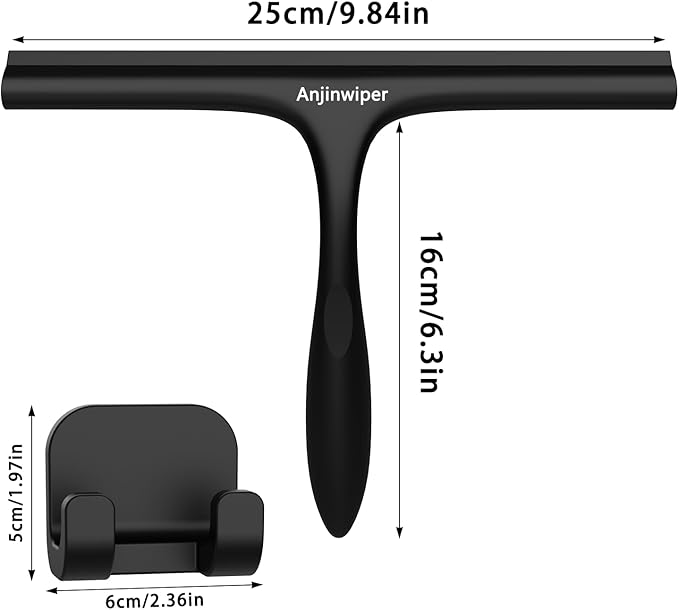 Shower Squeegee for Glass Doors with Adhesive Hook, Window Squeegee for Shower Glass, Cleaning Tile Wall, Bathroom Cleaner Tool Household Silicone Squeegee(10 inch-Black)