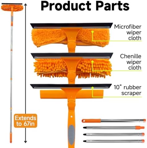 2 in 1 Window Squeegee Cleaner Kit Extension Pole, 67 in, Orange