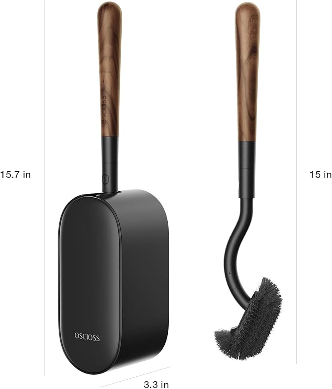 Toilet Bowl Brush and Holder, OSCIOSS Toilet Brush Set with Ergonomic Design, Compact Size, Durable Bristles, RV Toilet Brushes & Holders for Dead Corner Clean (Wood&Black, 1pack)