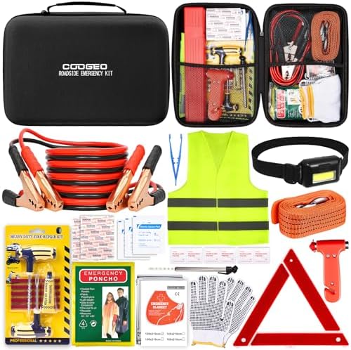 15PC Car Emergency Kit with Jumper Cables, First Aid, Black