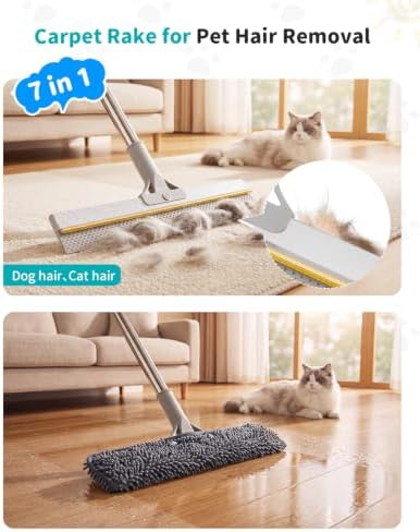 Carpet Rake for Pet Hair Removal, 54-Inch Long Handle and Scraper
