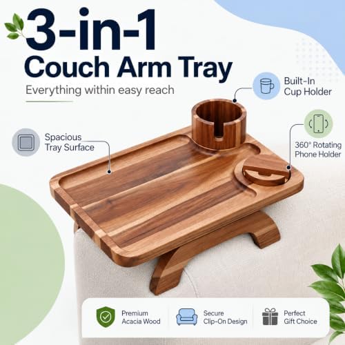 Couch Cup Holder Tray, Large 3-in-1 Acacia Wood Sofa Arm Rest Tray with Cup Holder & 360° Rotating Phone Stand, 15.36 × 9.85 Inches