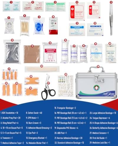First Aid Kit (180 Supplies), Combo Lock Medicine Box, 12"x7"x7.5"