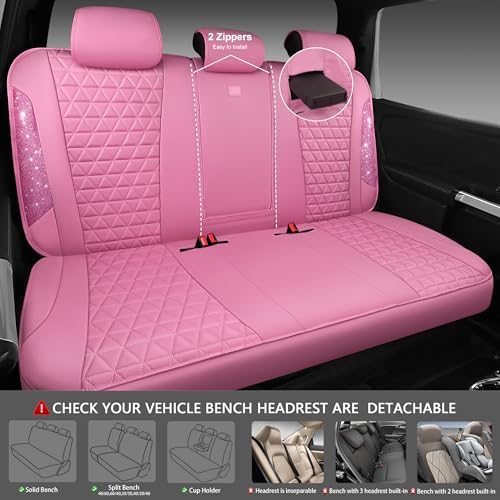 Bling Diamond Pink Leather Car Seat Covers Full Sets Interior Sets, Waterproof Shining Glitter Sparkly Crystal Universal Armrest Fit for Automotive Truck SUV Cute Women Girl, Pink Rhinestone