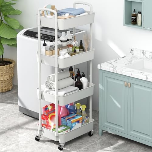 4-Tier Plastic Rolling Utility Cart with Wheels for Storage,White